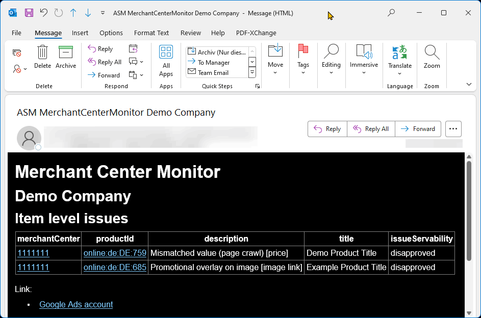 Google Ads Script <nw>Merchant Center Monitor</nw> alarm email